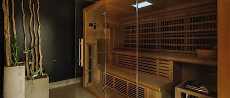 A sauna with wooden benches, a glass door, and a concrete planter with plants.