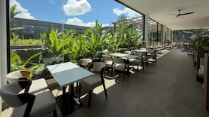 Un comedor interior con mesas y sillas, ventanas amplias y ventiladores de techo.