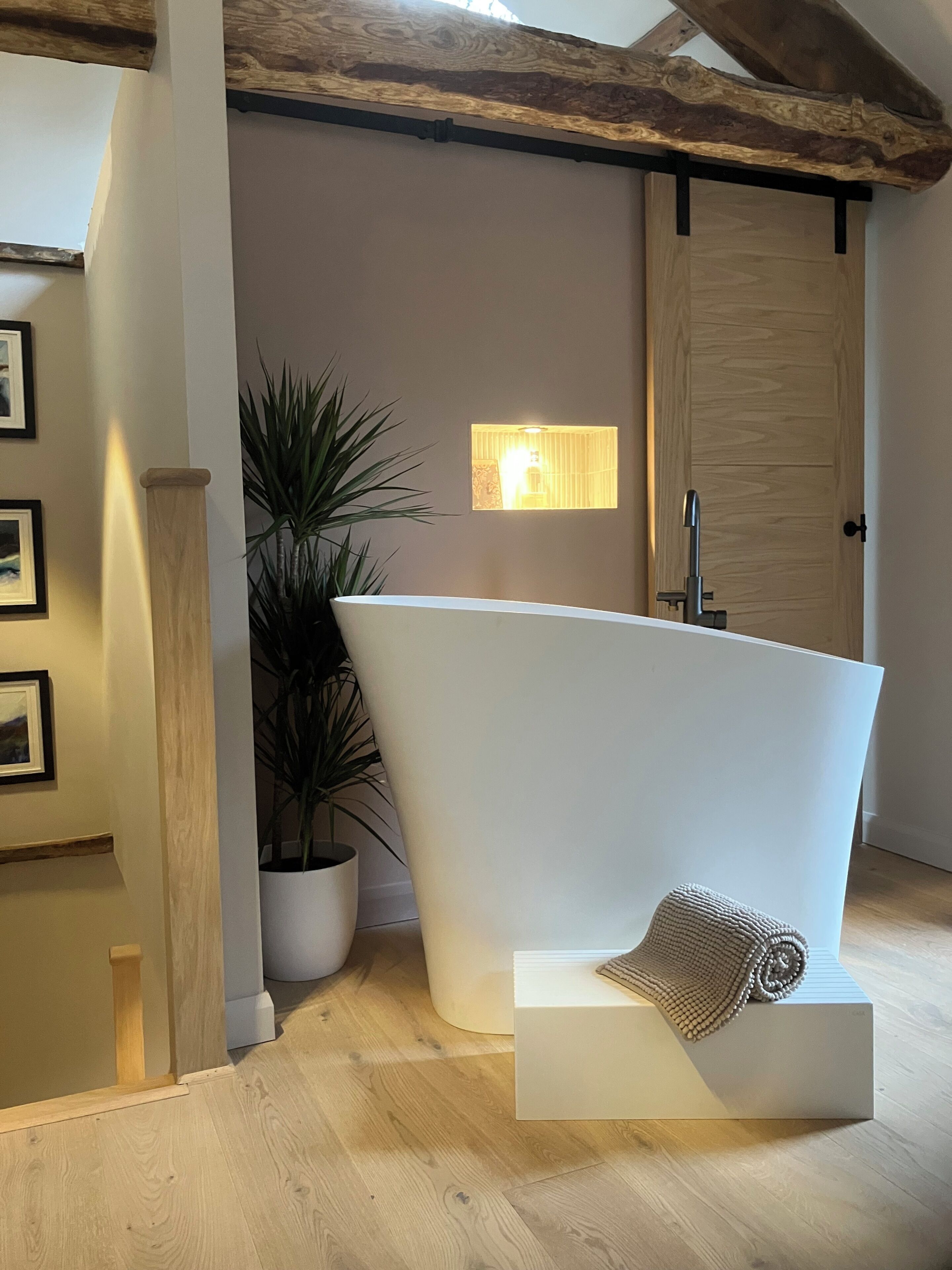 A modern bathroom with a freestanding bathtub, a potted plant, and a wooden door.