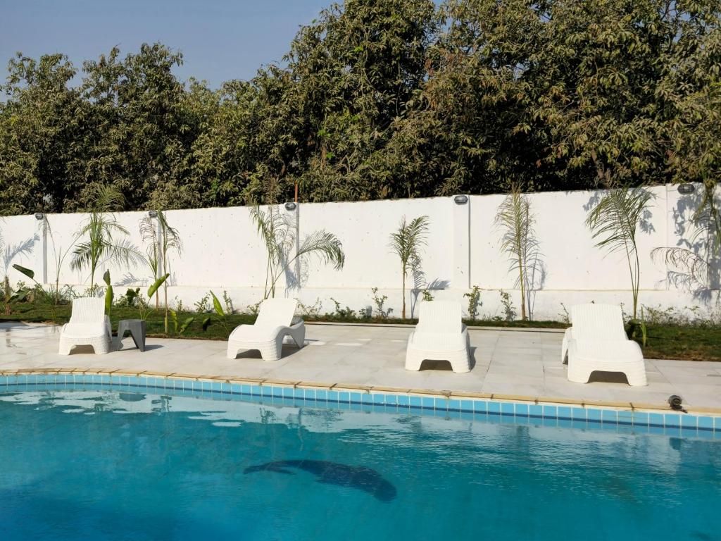 A swimming pool with white lounge chairs and palm trees in the background.