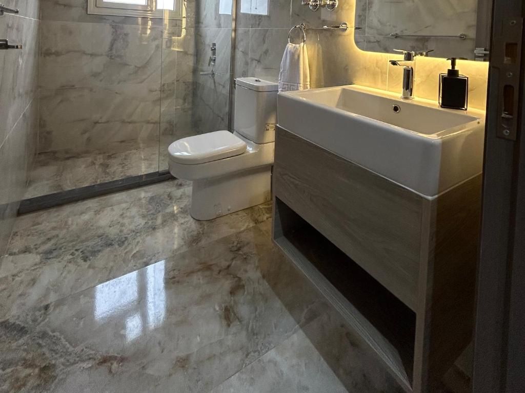 A modern bathroom with a marble floor, a white toilet, a vanity with a sink, and a shower area.