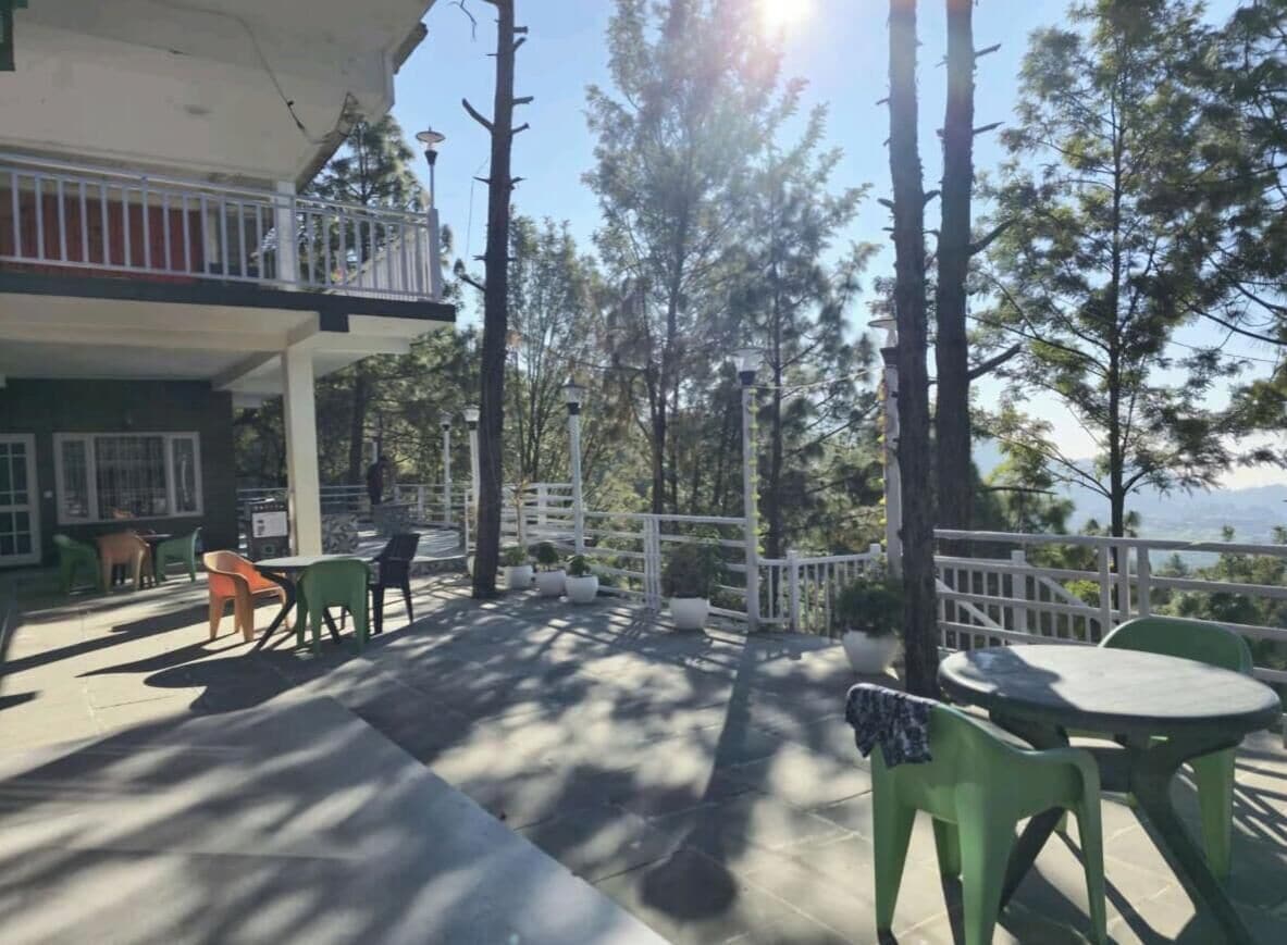 Un patio al aire libre con mesas y plantas en macetas, rodeado de árboles y vistas del paisaje.