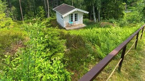 A small white cabin with a porch, surrounded by dense forest and ferns.