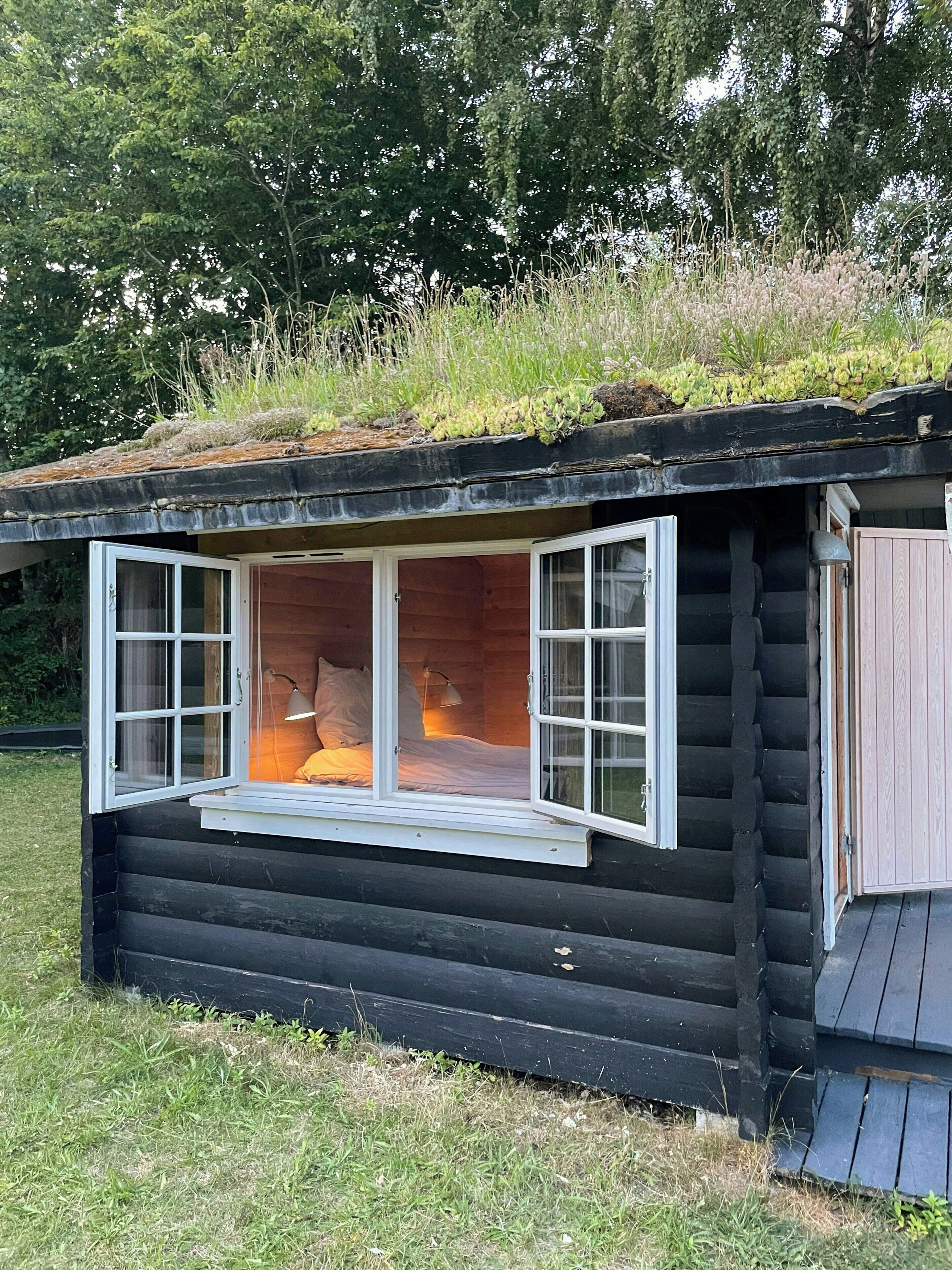 Uma cabana pequena com cama em mezanino, uma janela com vista para a natureza ao redor e uma porta.