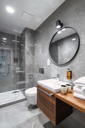 Ein modernes Badezimmer mit einer gläsernen Duschkabine, Toilette und einem Waschtisch mit Spiegel und Waschbecken.