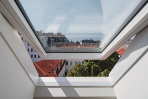 Ein Oberlichtfenster mit Blick auf Gebäude und Bäume.