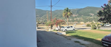 Un parking avec des voitures, un palmier et une montagne en arrière-plan.
