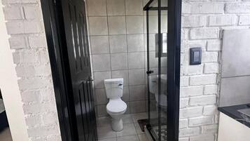 Une salle de bain avec des toilettes, un espace de douche vitré et un mur en briques blanches.
