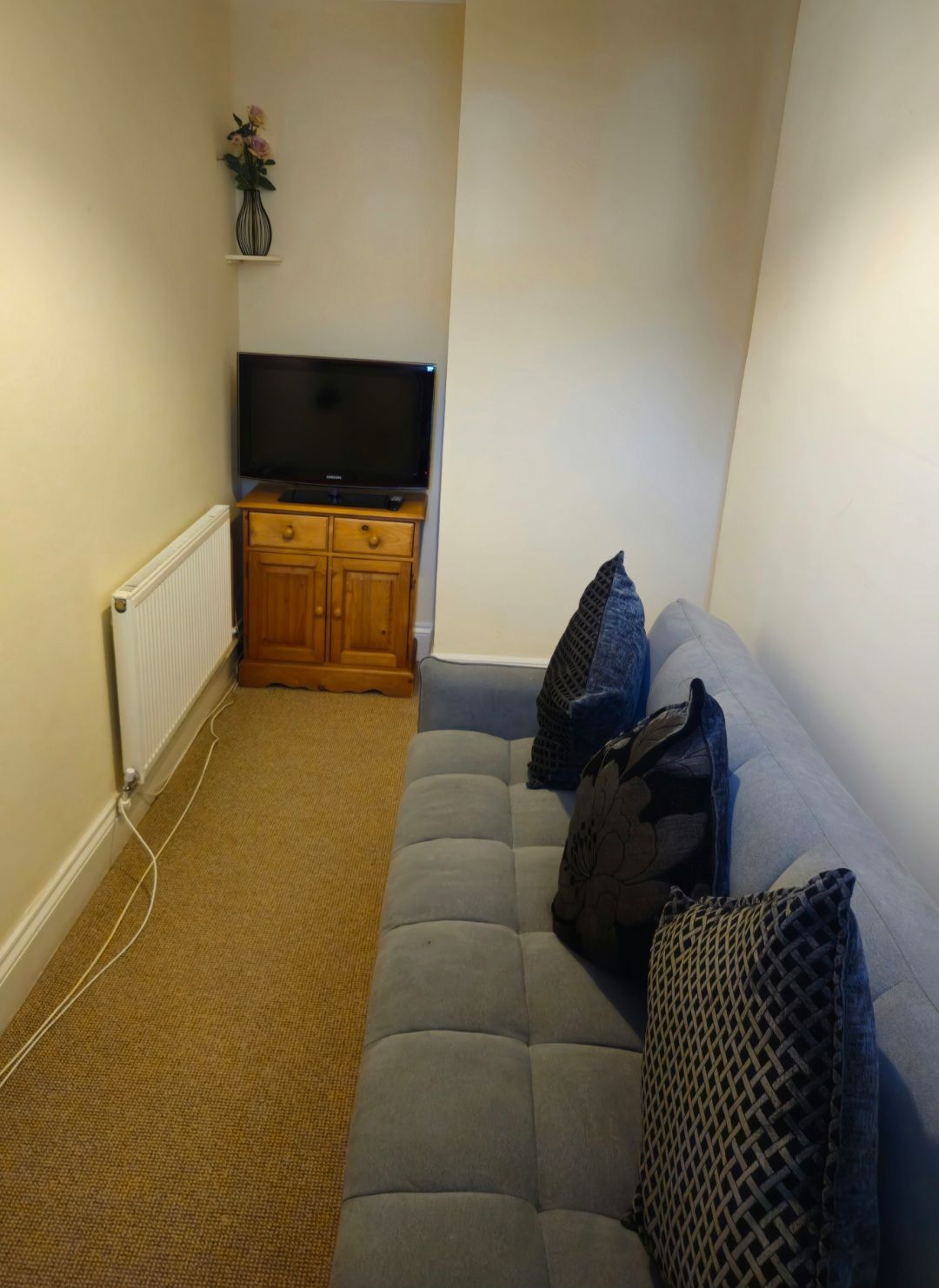 Ein Wohnzimmer mit grauem Sofa, einem Fernseher auf einer Holzkommode und einer Heizung an der Wand.