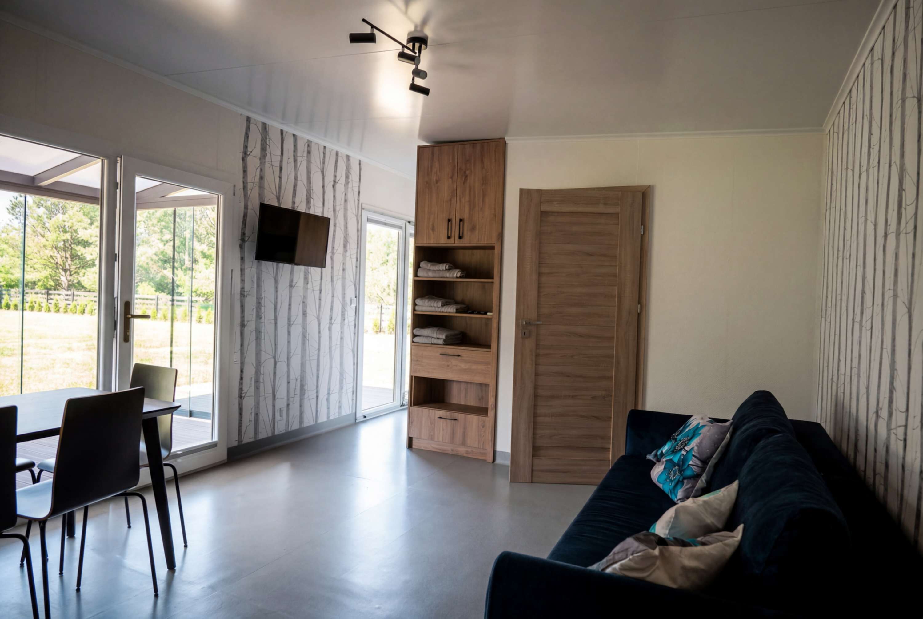A modern living room with a sofa, a dining table with chairs, a built-in wooden shelving unit, and a sliding door.