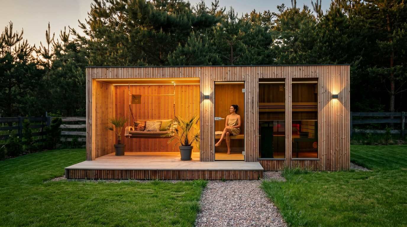Una cabaña moderna con fachada de madera, un porche con sofá y una persona sentada en el interior.