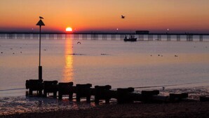 A pier extending into calm waters at sunset with a bird perched on a light post.