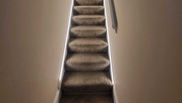 A carpeted staircase with a handrail, leading to a dark interior space.