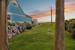 A residential property with a blue house, a well-maintained lawn, and a variety of colorful flowers.