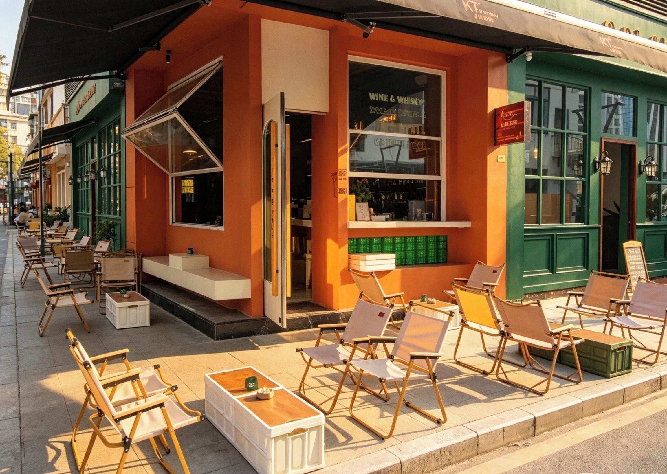 An outdoor seating area with foldable chairs and tables, a storefront with a sign for wine and whisky, and a green awning.
