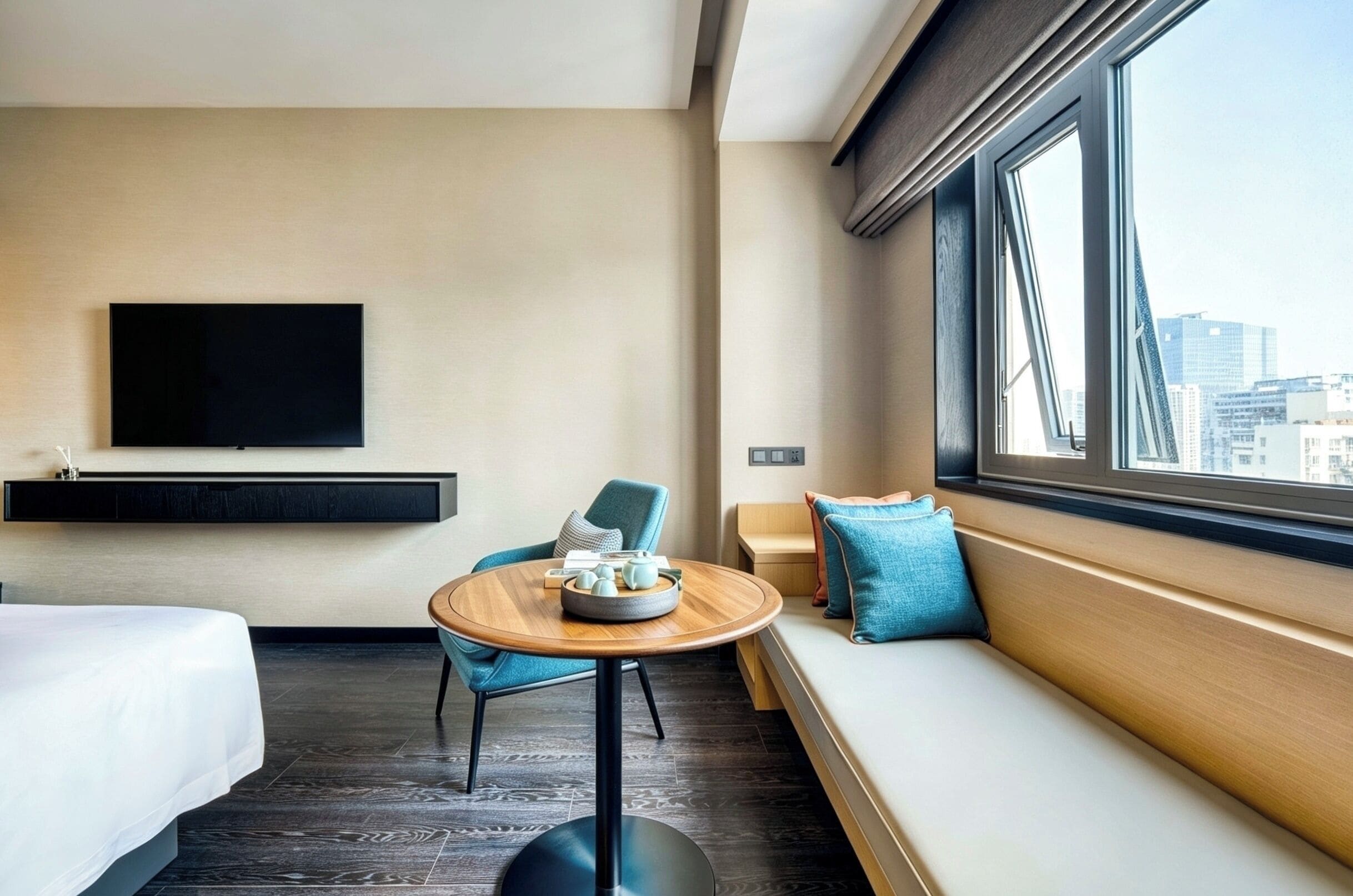A modern hotel room with a bed, a TV mounted on the wall, a round table with a tray, a blue chair, a sofa with cushions, and a large window offering a city view.