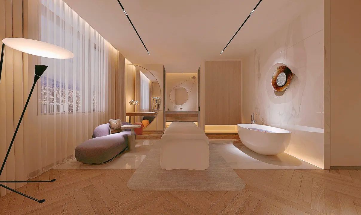 Un baño moderno con una bañera independiente, un espejo grande y un ventanal de pared a techo.