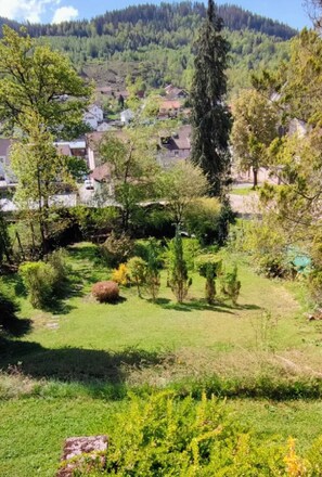 Un quartier résidentiel avec des maisons, un champ d’herbe et une colline boisée en arrière-plan.