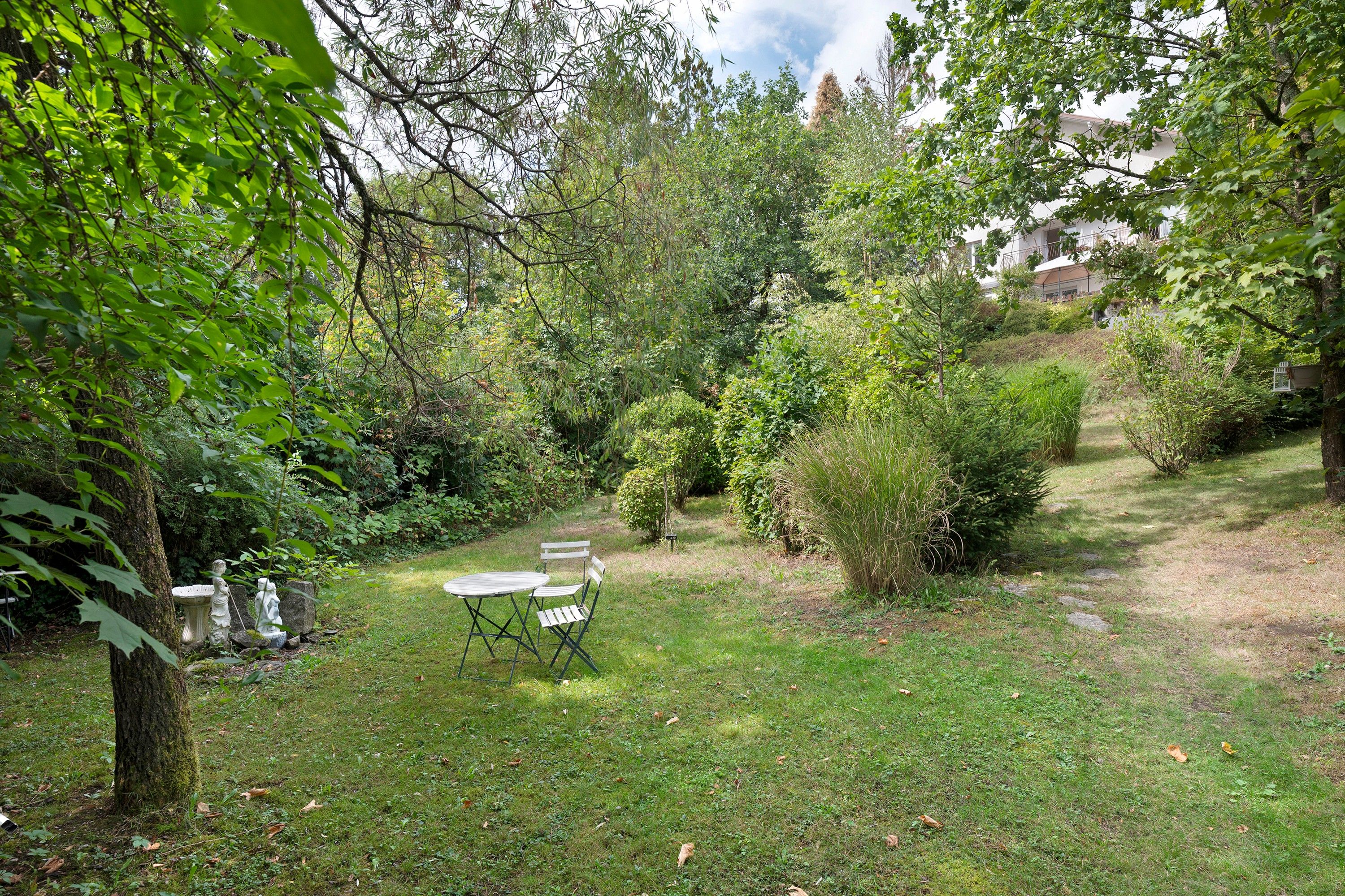 Un jardin avec une table et des chaises, entouré de différents arbres et arbustes.
