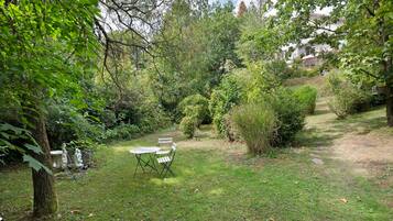 Un jardin avec une table et des chaises, entouré de différents arbres et arbustes.