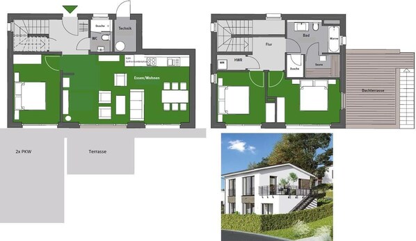 Een plattegrond van een modern hotel met een terras, twee slaapkamers, een badkamer, een keuken en een woonruimte.