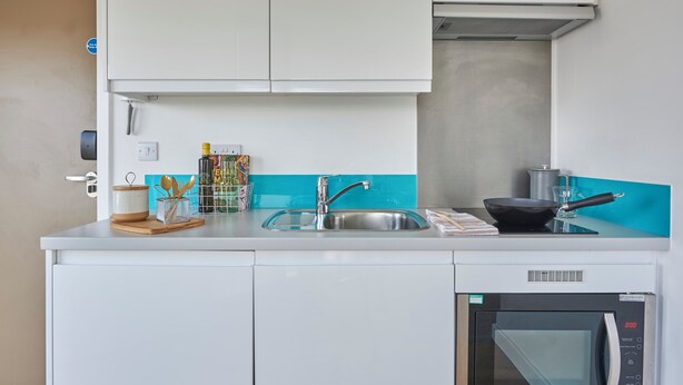 Una cocina moderna con horno integrado, un lavabo y una estufa.