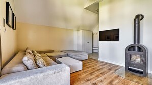 A modern living room with a sectional sofa, a fireplace, and a minimalist design. - Apartamenty Sun & Snow Łomnica (Łomnica)
