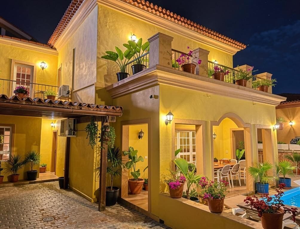 A two-story building with a balcony, potted plants, and a pool.