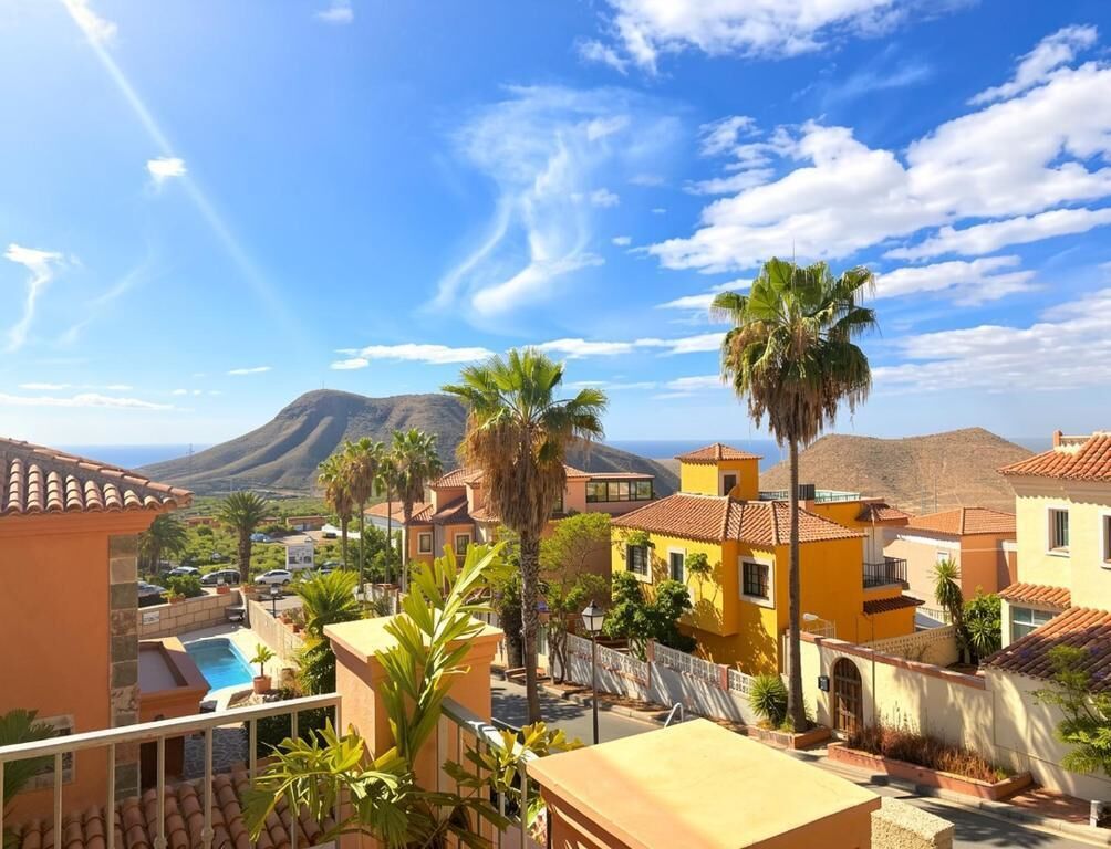 Zona residencial con casas, piscina y palmeras.