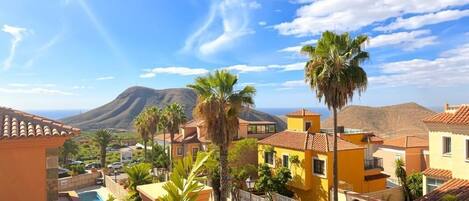 Zona residencial con casas, piscina y palmeras.