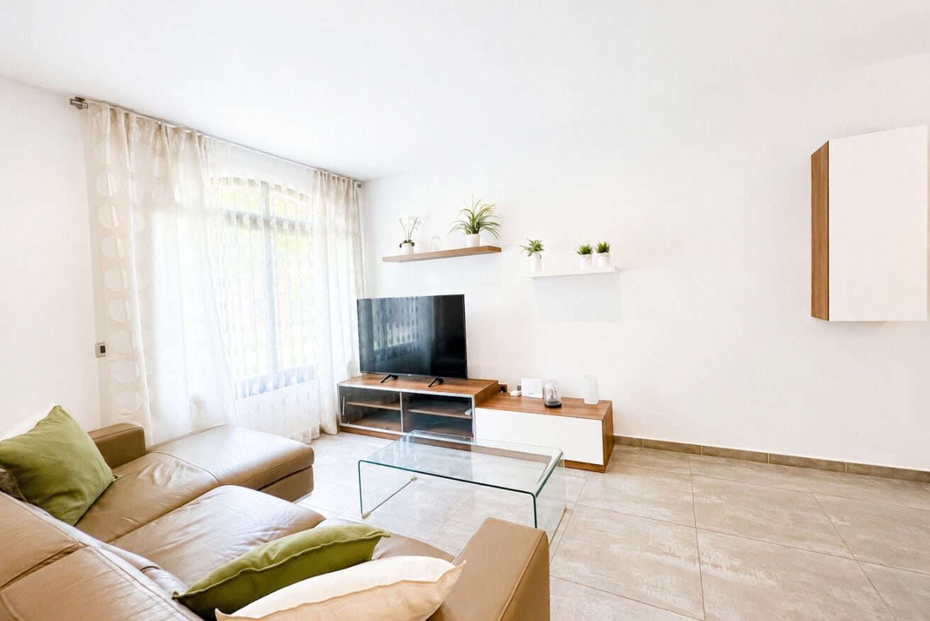 A modern living room with a sofa, a glass coffee table, a television, and decorative plants.