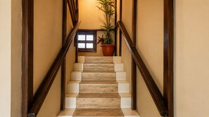 A wooden staircase with a handrail, leading to a landing with a small window and a potted plant.