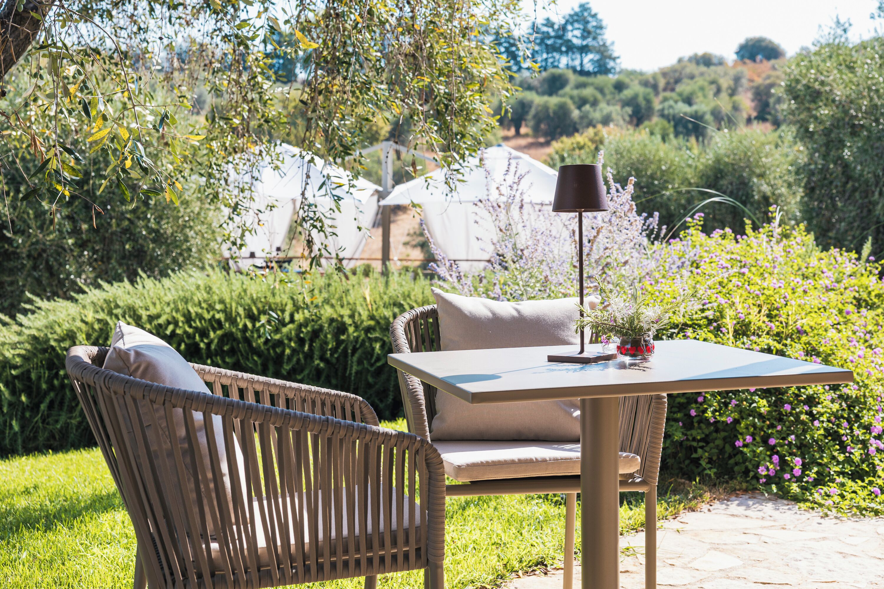 Un espace extérieur aménagé avec une table et des chaises, entouré d’une végétation luxuriante et de plantes en fleurs.
