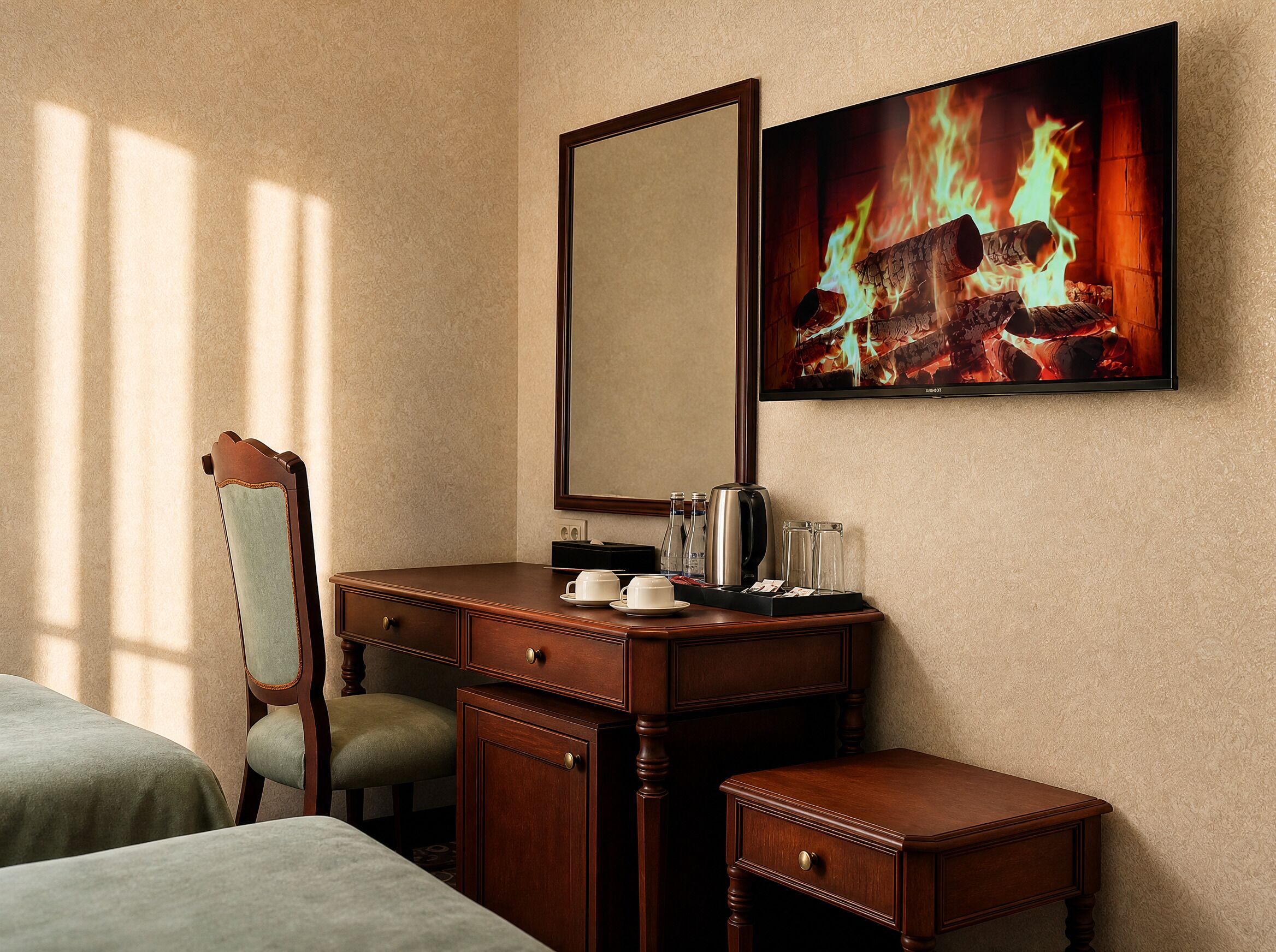 A hotel room with a wooden dresser, a mirror, a painting of a fireplace, and a chair.