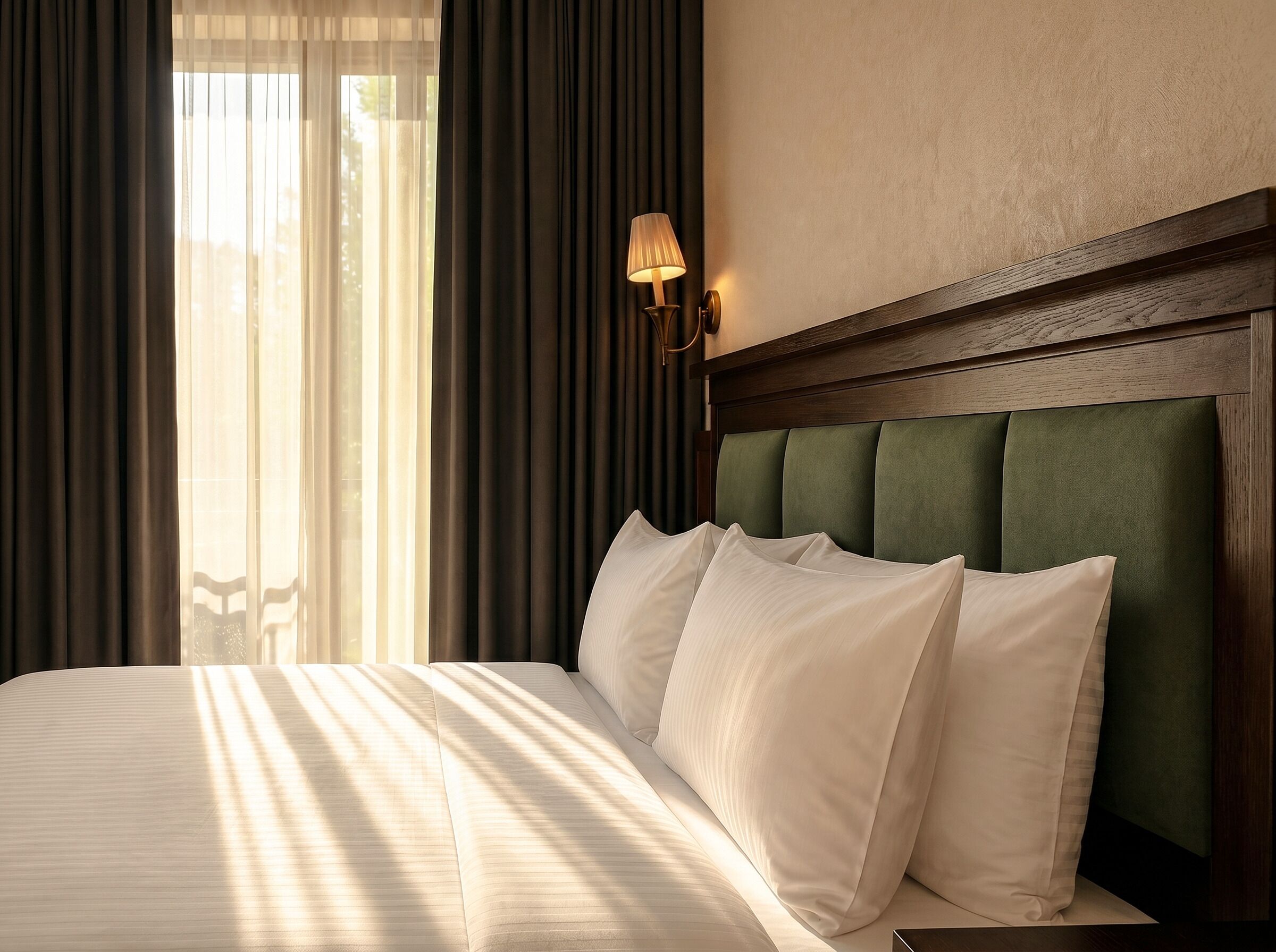 Ein Hotelzimmer mit Bett, Vorhängen, einer Wandlampe und Blick aus dem Fenster.