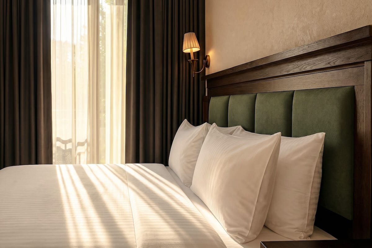 Een hotelkamer met een bed, gordijnen, een wandlamp en uitzicht door het raam.