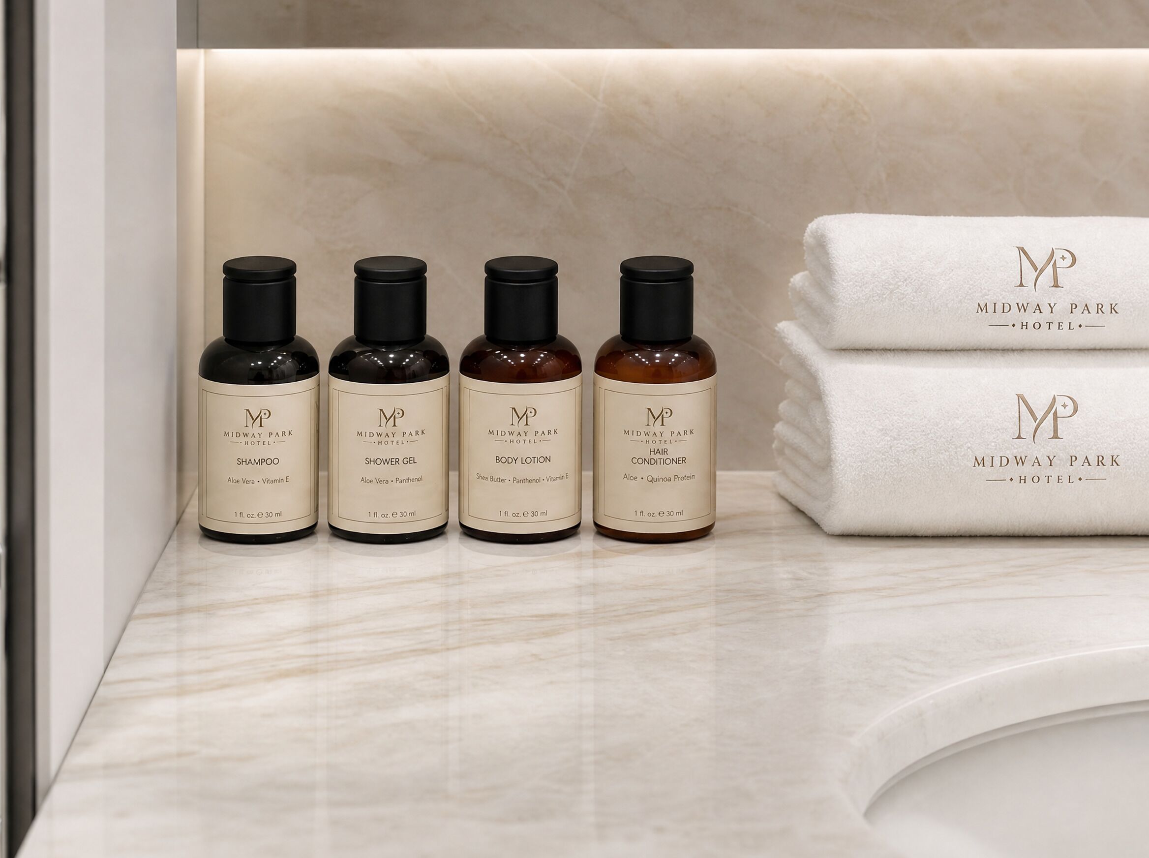 Four bottles of Midway Park Hotel products on a marble surface.
