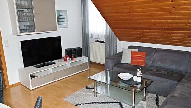 A modern living room with a flat-screen TV, a glass coffee table, a grey sofa, and a white cabinet with glass doors. - SeeZeit Dingelsdorf - Modern Vacation Rental with Lake Views and Access to Bicycle Trails (Konstanz)