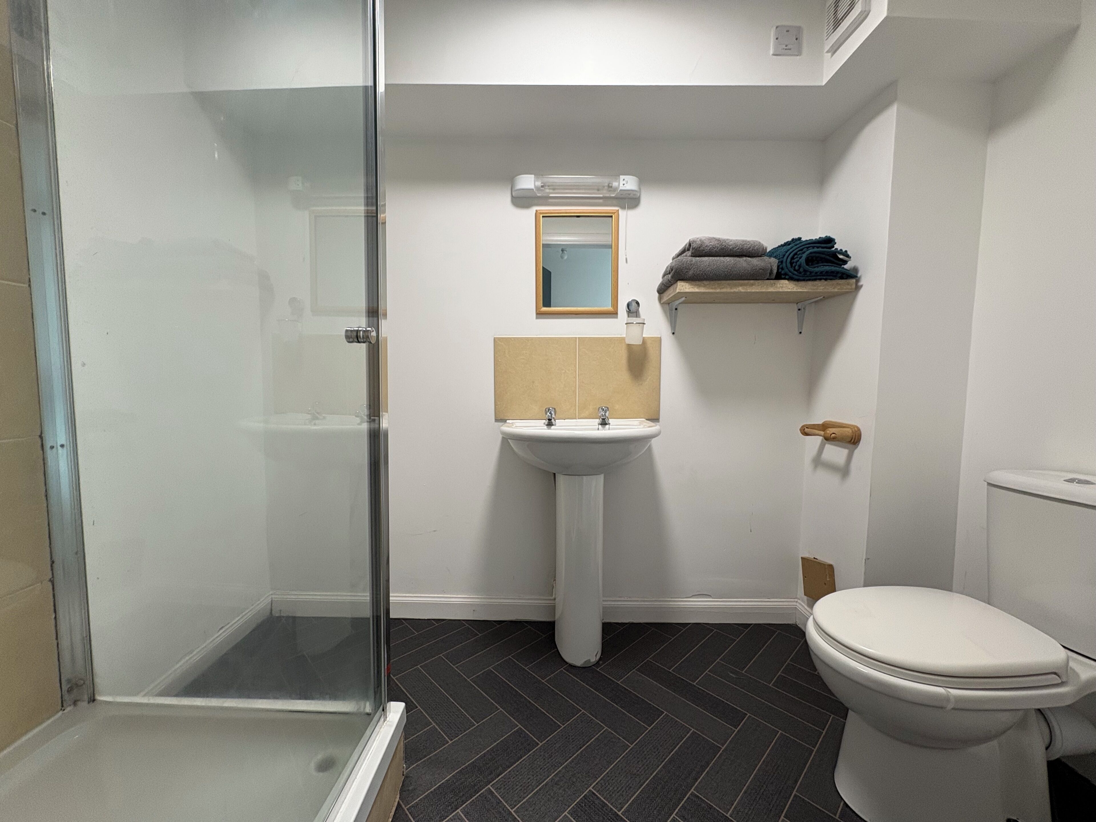 Shower, towels, toilet paper