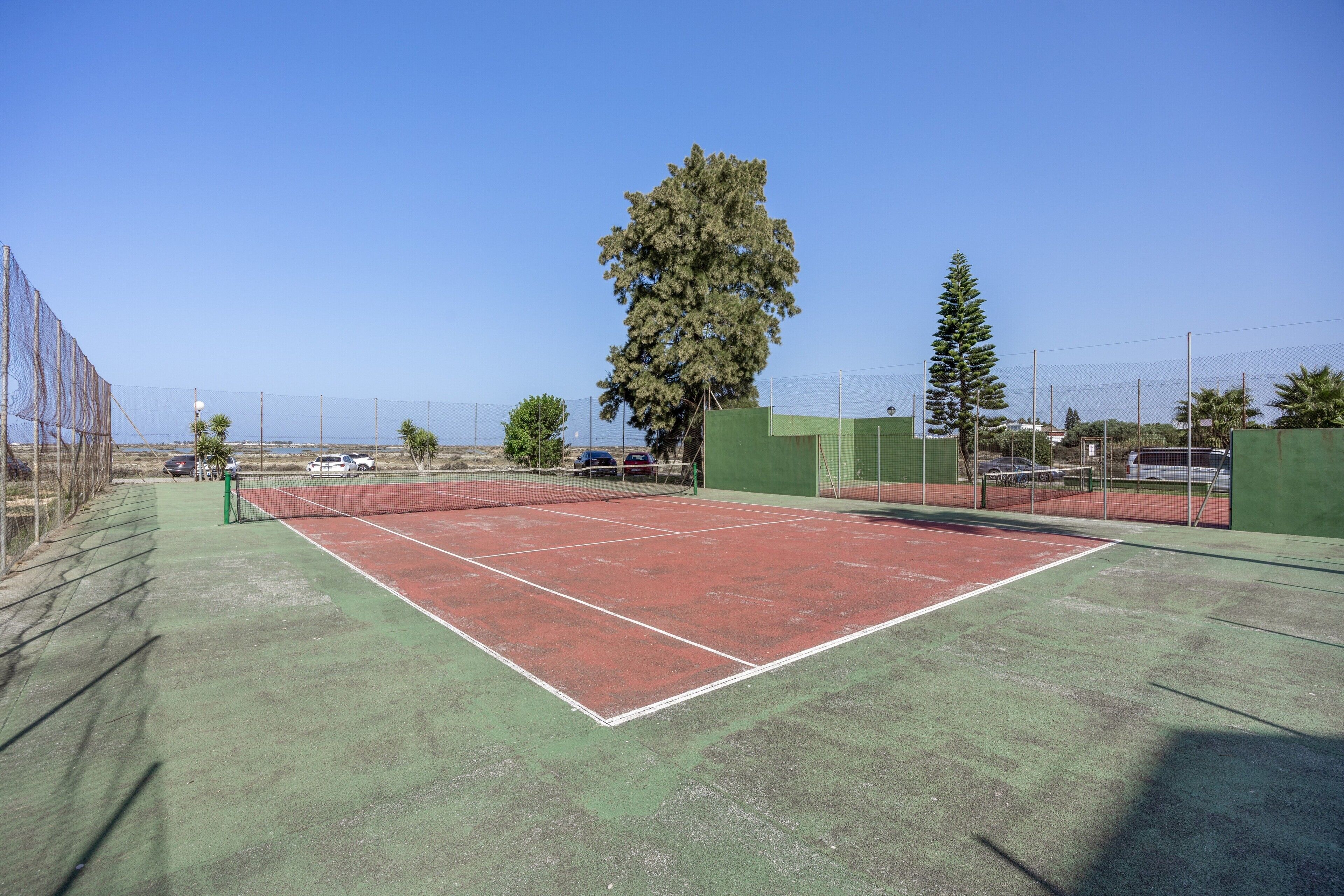 Ein Tennisplatz im Freien mit grüner Belag, umgeben von einem Zaun und Bäumen im Hintergrund.