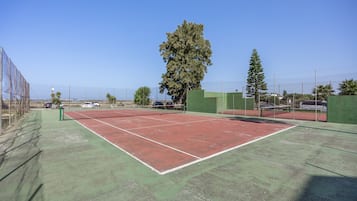Un court de tennis en plein air, doté d’une surface verte, entouré d’une clôture, avec des arbres en arrière-plan.