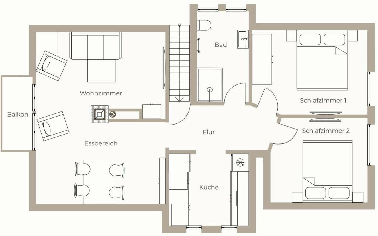 A hotel floor plan with a balcony, living room, bathroom, kitchen, dining area, and two bedrooms.