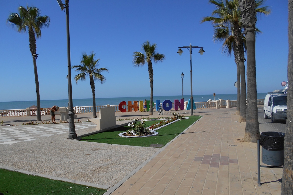 A paved walkway with palm trees, a bench, and a sign spelling "CHICLON."