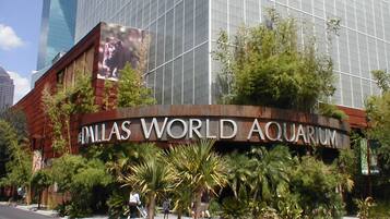 A large building with a prominent sign reading 'Dallas World Aquarium.'