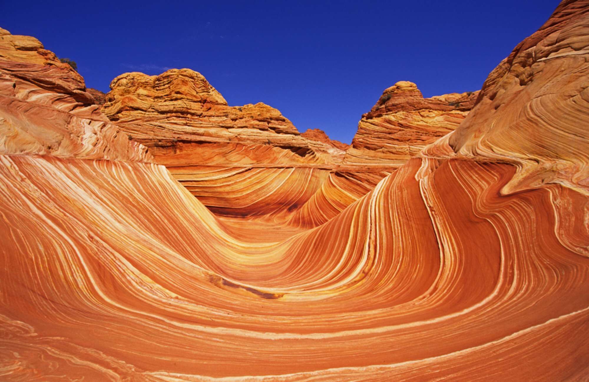 A canyon with layered rock formations and a clear blue sky.