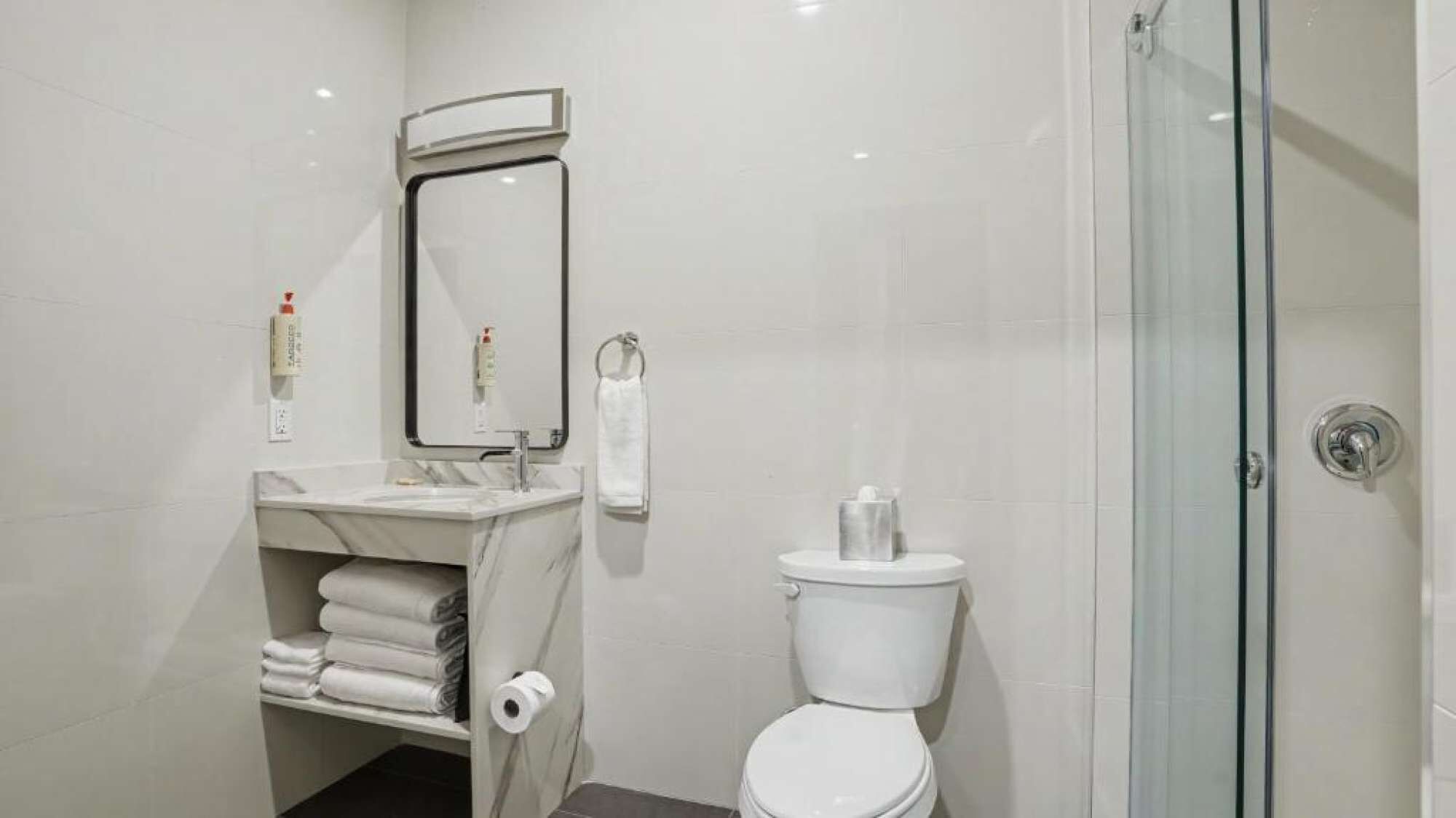 A bathroom with a toilet, a sink, a mirror, and a glass shower enclosure.