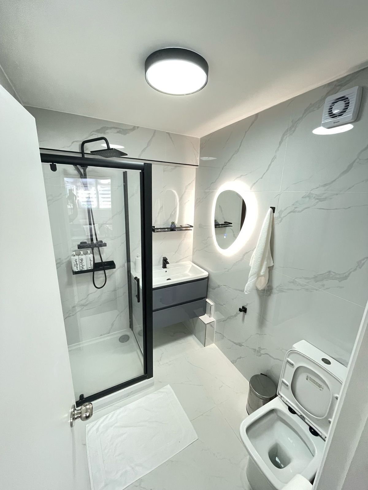 A modern bathroom with a glass shower enclosure, a vanity with a mirror, and a toilet.