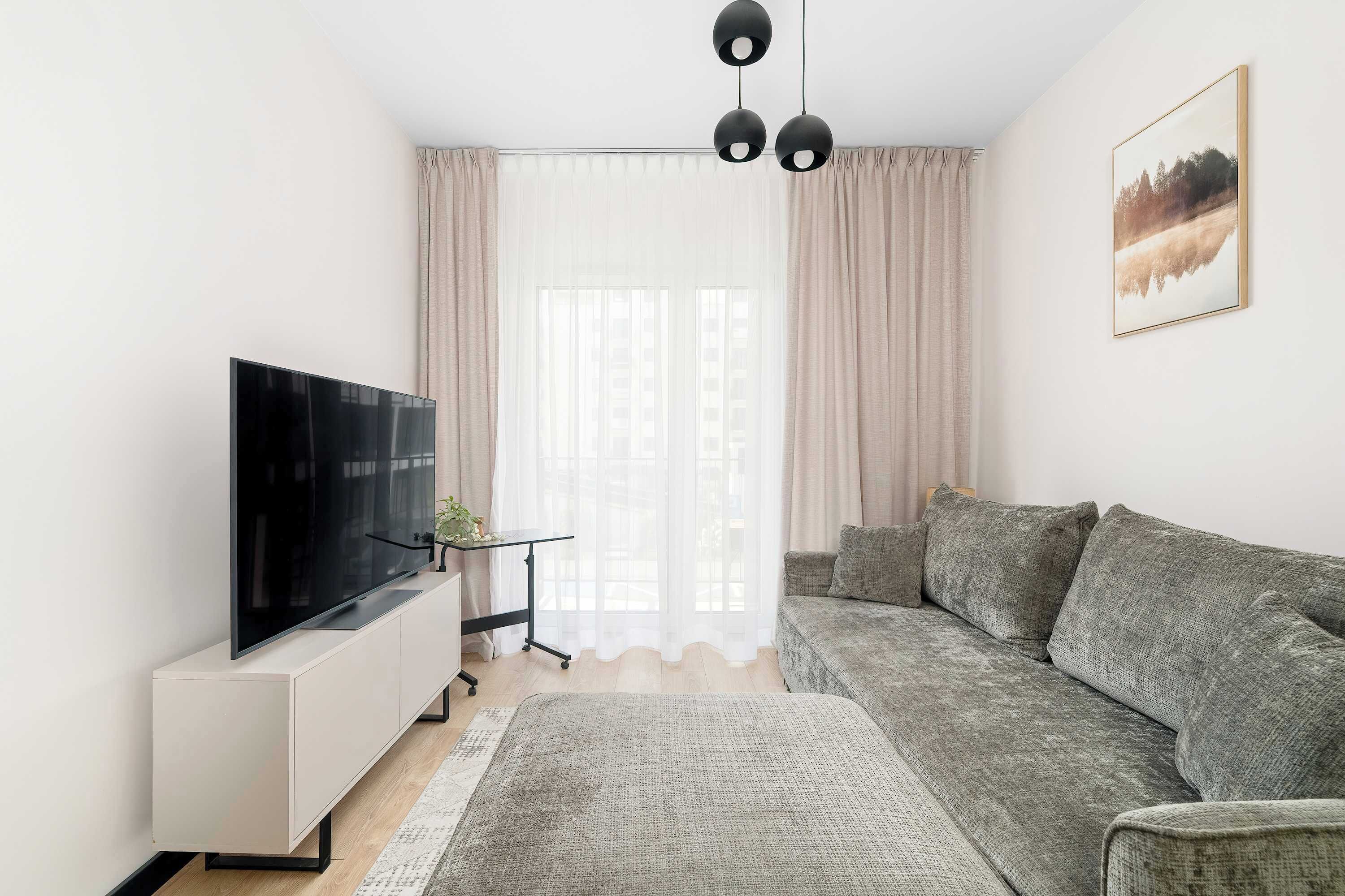 Una sala de estar moderna con un televisor de pantalla plana, un sofá gris, una mesita con una planta y un amplio ventanal con cortinas traslúcidas.