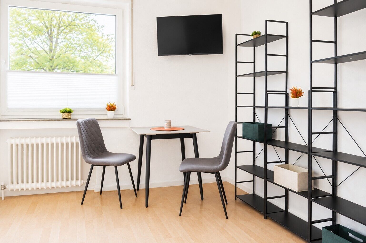 A room with a white radiator, a window with blinds, a black TV mounted on the wall, a white table with two grey chairs, and a black shelving unit with plants.