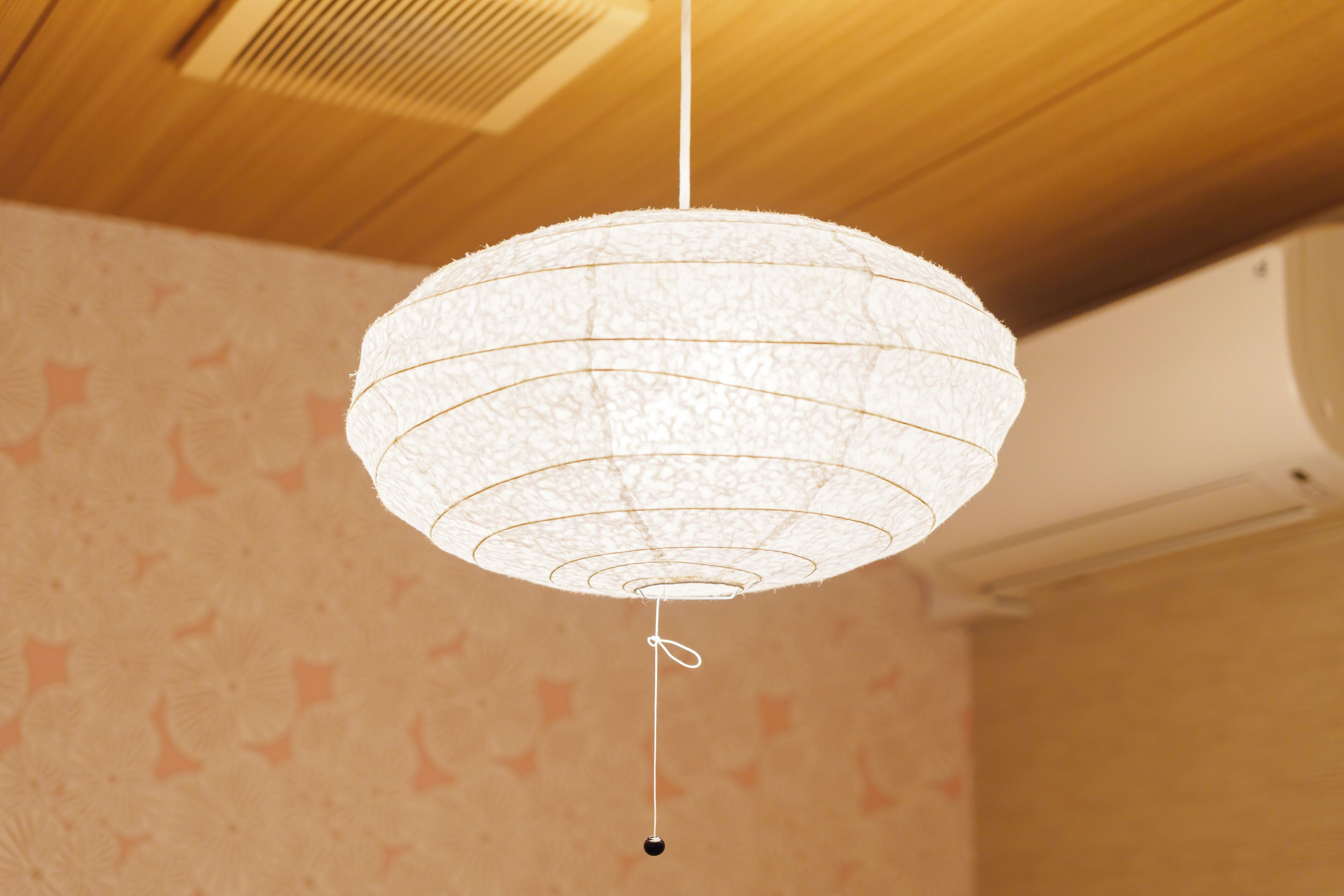 En hängande lampa med en sfärisk design och en enkel upphängningskabel.